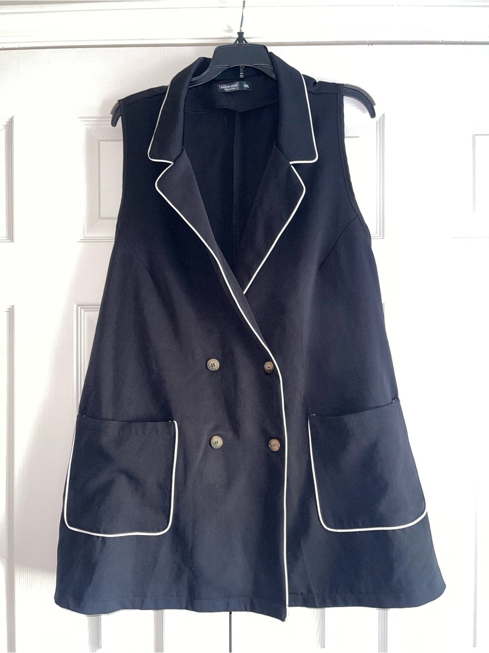 Sleeveless Black Double-Breasted Blazer Vest with White Piping